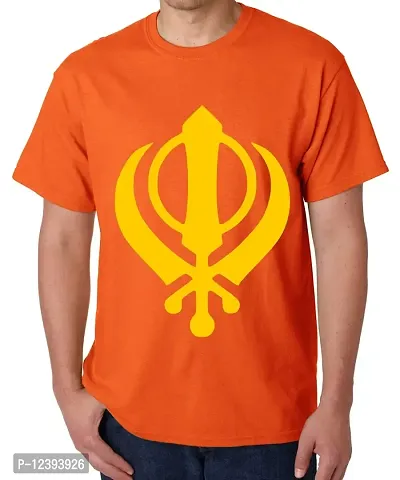 Caseria Men's Round Neck Cotton Half Sleeved T-Shirt with Printed Graphics - Sikh Khanda (Orange, MD)