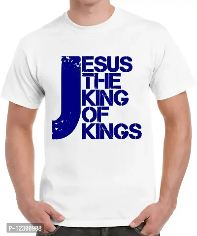 Caseria Men's Round Neck Cotton Half Sleeved T-Shirt with Printed Graphics - Jesus The King of Kings (White, SM)