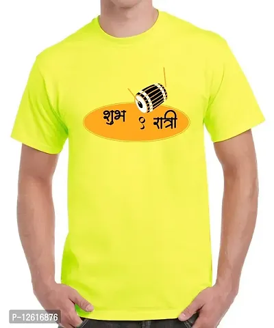 Caseria Men's Round Neck Cotton Half Sleeved T-Shirt with Printed Graphics - Shubh 9Ratri (Lemon Yellow, L)