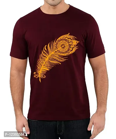 Caseria Men's Round Neck Cotton Half Sleeved T-Shirt with Printed Graphics - Peacock Feather (Maroon, XL)-thumb0