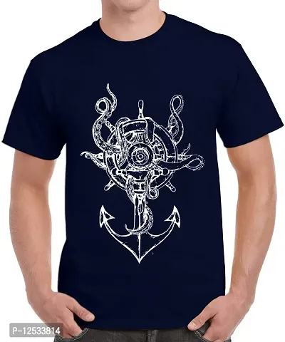 Caseria Men's Round Neck Cotton Half Sleeved T-Shirt with Printed Graphics - Ship Wheel Anchor (Navy Blue, SM)-thumb0