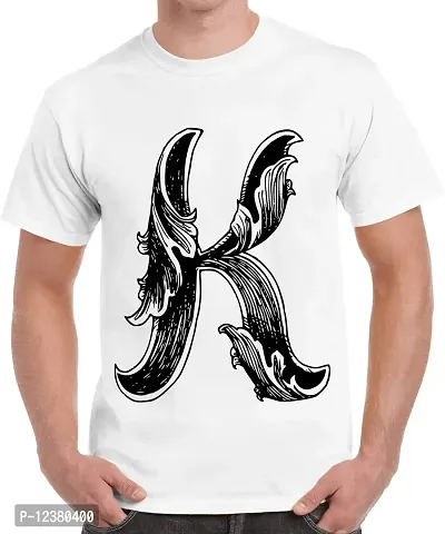 Caseria Men's Round Neck Cotton Half Sleeved T-Shirt with Printed Graphics - Letter K with Wings (White, XL)