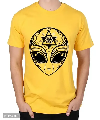 Caseria Men's Round Neck Cotton Half Sleeved T-Shirt with Printed Graphics - Alien Third Eye (Yellow, XL)-thumb0