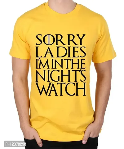 Caseria Men's Round Neck Cotton Half Sleeved T-Shirt with Printed Graphics - Sorry Ladies Nights Watch (Yellow, SM)-thumb0