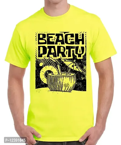 Caseria Men's Round Neck Cotton Half Sleeved T-Shirt with Printed Graphics - Beach Party (Lemon Yellow, XXL)