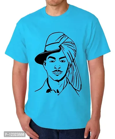 Caseria Men's Round Neck Cotton Half Sleeved T-Shirt with Printed Graphics - 2side Shaheed Bhagat Singh (Sky Blue, L)-thumb0