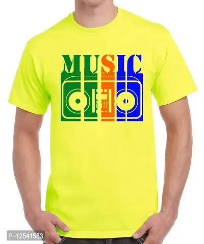 Caseria Men's Round Neck Cotton Half Sleeved T-Shirt with Printed Graphics - Music Player (Lemon Yellow, XL)-thumb0