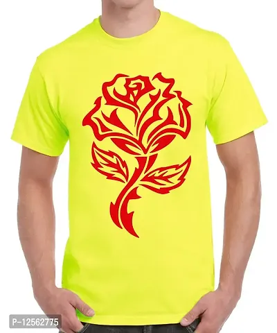 Caseria Men's Round Neck Cotton Half Sleeved T-Shirt with Printed Graphics - Rose Structure (Lemon Yellow, XL)