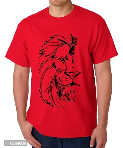 Caseria Men's Round Neck Cotton Half Sleeved T-Shirt with Printed Graphics - Lion Face (Red, XL)