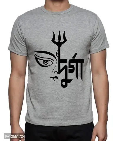 Caseria Men's Round Neck Cotton Half Sleeved T-Shirt with Printed Graphics - Durga Puja (Grey, L)-thumb0