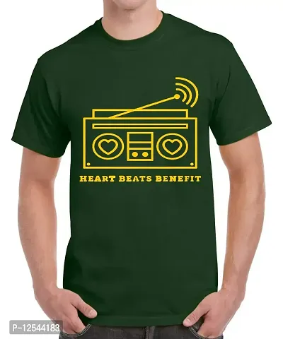 Caseria Men's Round Neck Cotton Half Sleeved T-Shirt with Printed Graphics - Heart Beats Benefit (Bottel Green, XL)