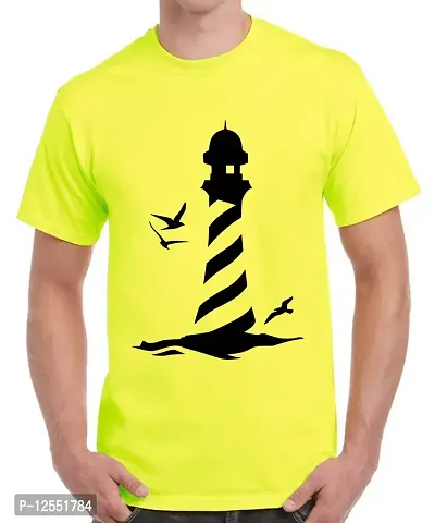 Caseria Men's Round Neck Cotton Half Sleeved T-Shirt with Printed Graphics - Dream Lighthouse (Lemon Yellow, L)-thumb0