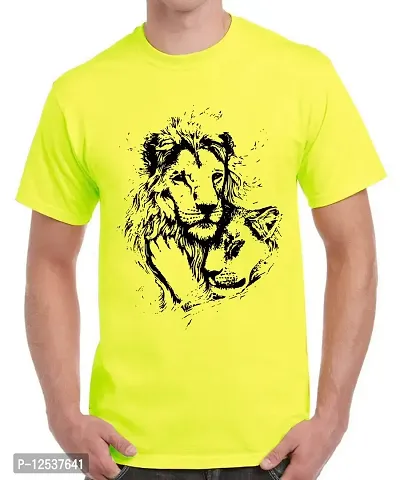 Caseria Men's Round Neck Cotton Half Sleeved T-Shirt with Printed Graphics - Lovers Lion Couple (Lemon Yellow, L)-thumb0