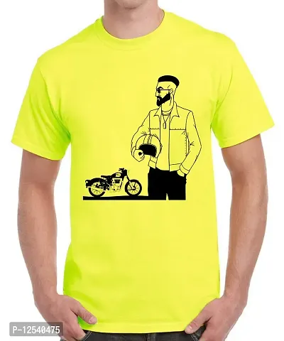 Caseria Men's Round Neck Cotton Half Sleeved T-Shirt with Printed Graphics - Bike Man (Lemon Yellow, SM)