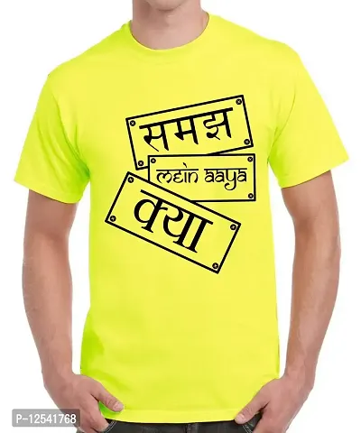 Caseria Men's Round Neck Cotton Half Sleeved T-Shirt with Printed Graphics - Samajh Mein Aya Kya (Lemon Yellow, L)-thumb0