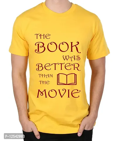 Caseria Men's Round Neck Cotton Half Sleeved T-Shirt with Printed Graphics - The Book was Better (Yellow, XXL)-thumb0