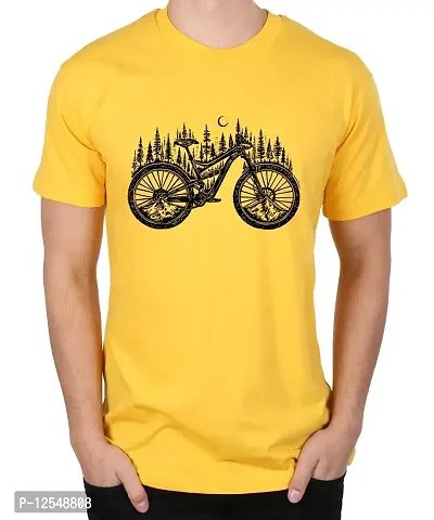 Caseria Men's Round Neck Cotton Half Sleeved T-Shirt with Printed Graphics - Cycle Forest (Yellow, SM)