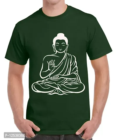 Caseria Men's Round Neck Cotton Half Sleeved T-Shirt with Printed Graphics - Buddha (Bottel Green, XXL)-thumb0