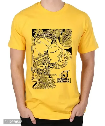 Caseria Men's Round Neck Cotton Half Sleeved T-Shirt with Printed Graphics - Radha Krishna (Yellow, XXL)-thumb0