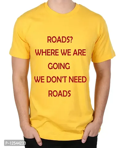 Caseria Men's Round Neck Cotton Half Sleeved T-Shirt with Printed Graphics - Roads Where WE are (Yellow, SM)-thumb0