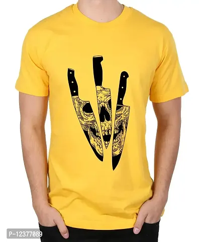 Caseria Men's Round Neck Cotton Half Sleeved T-Shirt with Printed Graphics - Skull Blade (Yellow, XL)-thumb0