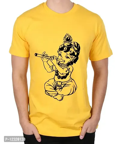 Caseria Men's Round Neck Cotton Half Sleeved T-Shirt with Printed Graphics - Krishna Flute (Yellow, SM)-thumb0