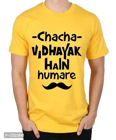 Caseria Men's Round Neck Cotton Half Sleeved T-Shirt with Printed Graphics - Chacha Vidhayak (Yellow, MD)