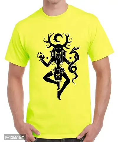 Caseria Men's Round Neck Cotton Half Sleeved T-Shirt with Printed Graphics - Cernunnos (Lemon Yellow, SM)