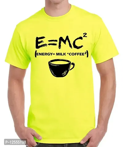 Caseria Men's Round Neck Cotton Half Sleeved T-Shirt with Printed Graphics - E=MC2 (Lemon Yellow, L)