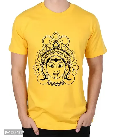 Caseria Men's Round Neck Cotton Half Sleeved T-Shirt with Printed Graphics - Kali Maa Face (Yellow, L)