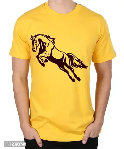 Caseria Men's Round Neck Cotton Half Sleeved T-Shirt with Printed Graphics - Race Horse (Yellow, L)