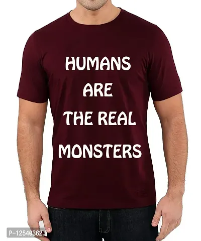 Caseria Men's Round Neck Cotton Half Sleeved T-Shirt with Printed Graphics - Real Monsters (Maroon, XXL)-thumb0