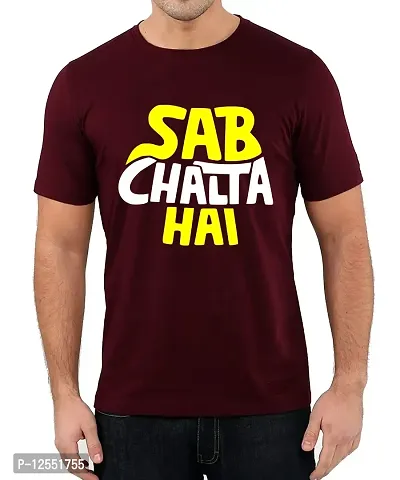 Caseria Men's Round Neck Cotton Half Sleeved T-Shirt with Printed Graphics - Sab Chalta Hai (Maroon, L)-thumb0