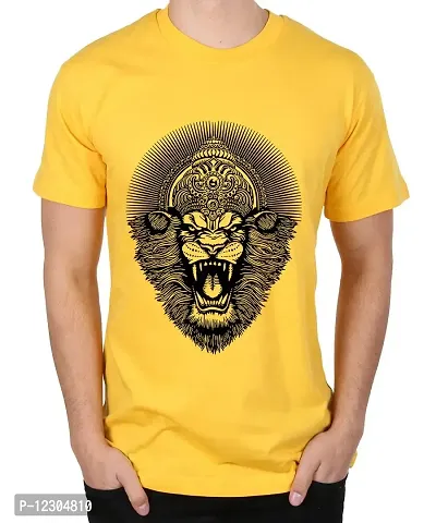 Caseria Men's Round Neck Cotton Half Sleeved T-Shirt with Printed Graphics - Lord Narasimha (Yellow, L)