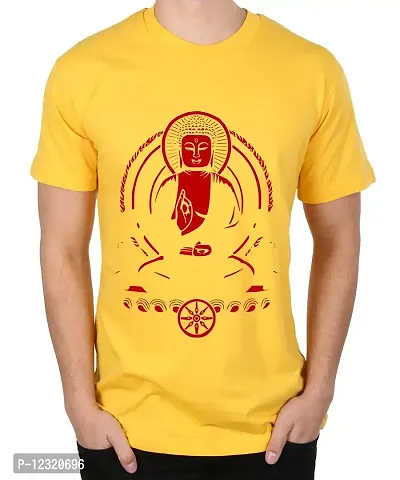 Caseria Men's Round Neck Cotton Half Sleeved T-Shirt with Printed Graphics - G for Gautam Buddha (Yellow, XL)