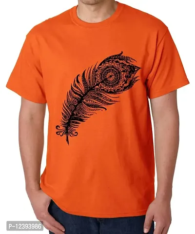 Caseria Men's Round Neck Cotton Half Sleeved T-Shirt with Printed Graphics - Peacock Feather (Orange, MD)-thumb0