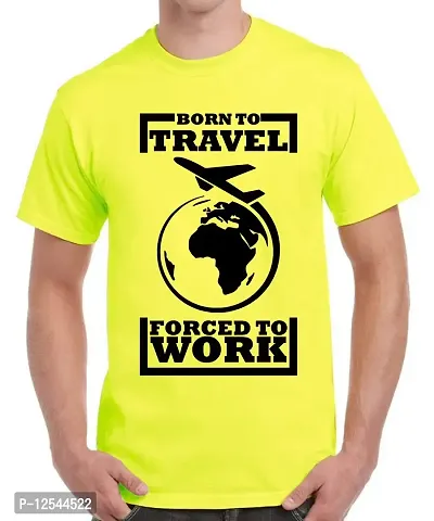 Caseria Men's Round Neck Cotton Half Sleeved T-Shirt with Printed Graphics - Born to Travel (Lemon Yellow, L)-thumb0