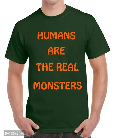 Caseria Men's Round Neck Cotton Half Sleeved T-Shirt with Printed Graphics - Real Monsters (Bottel Green, XXL)