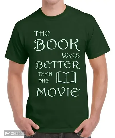 Caseria Men's Round Neck Cotton Half Sleeved T-Shirt with Printed Graphics - The Book was Better (Bottel Green, XXL)