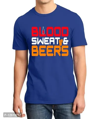 Caseria Men's Round Neck Cotton Half Sleeved T-Shirt with Printed Graphics - Blood Sweat Beer (Royal Blue, MD)-thumb0