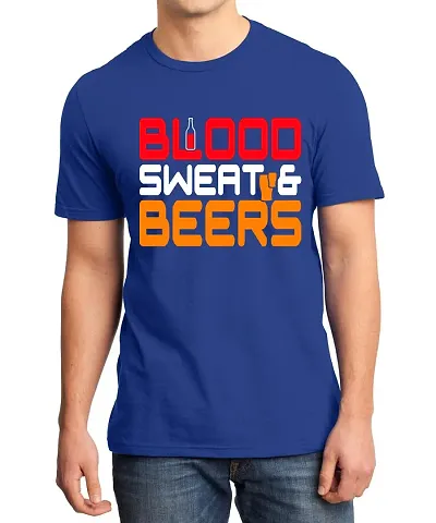 Caseria Men's Round Neck Half Sleeved T-Shirt with Graphics - Blood Sweat Beer (Royal Blue, MD)