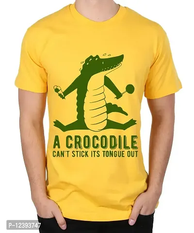 Caseria Men's Round Neck Cotton Half Sleeved T-Shirt with Printed Graphics - Crocodile Stick (Yellow, L)-thumb0