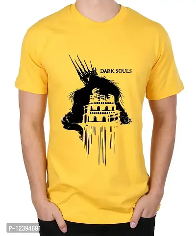 Caseria Men's Round Neck Cotton Half Sleeved T-Shirt with Printed Graphics - Dark Souls (Yellow, MD)