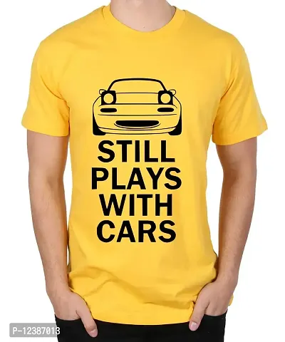 Caseria Men's Round Neck Cotton Half Sleeved T-Shirt with Printed Graphics - Still Plays with Cars (Yellow, L)