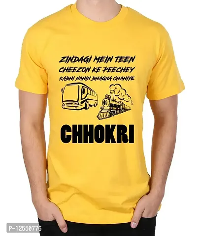 Caseria Men's Round Neck Cotton Half Sleeved T-Shirt with Printed Graphics - Bus Train Chhokri (Yellow, XXL)