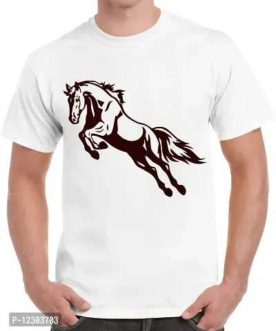 Caseria Men's Round Neck Cotton Half Sleeved T-Shirt with Printed Graphics - Race Horse (White, MD)-thumb0