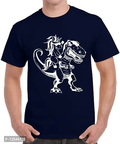 Caseria Men's Round Neck Cotton Half Sleeved T-Shirt with Printed Graphics - Horse Dinosaur (Navy Blue, XL)