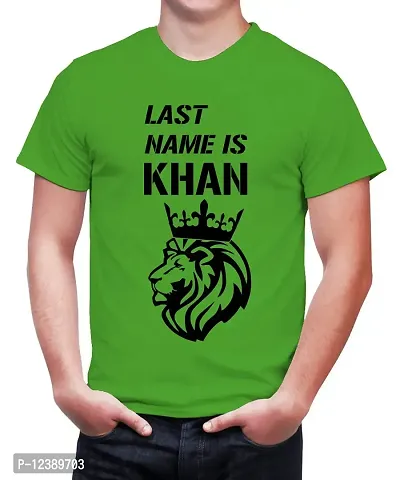 Caseria Men's Round Neck Cotton Half Sleeved T-Shirt with Printed Graphics - Last Name is Khan (Parrot Green, SM)