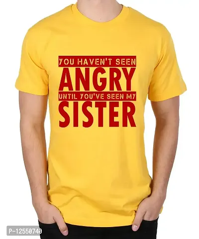 Caseria Men's Round Neck Cotton Half Sleeved T-Shirt with Printed Graphics - Angry Sister (Yellow, XXL)