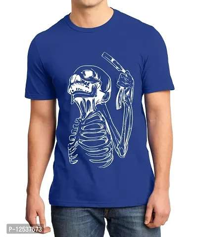 Caseria Men's Round Neck Cotton Half Sleeved T-Shirt with Printed Graphics - Skull Razor (Royal Blue, SM)-thumb0